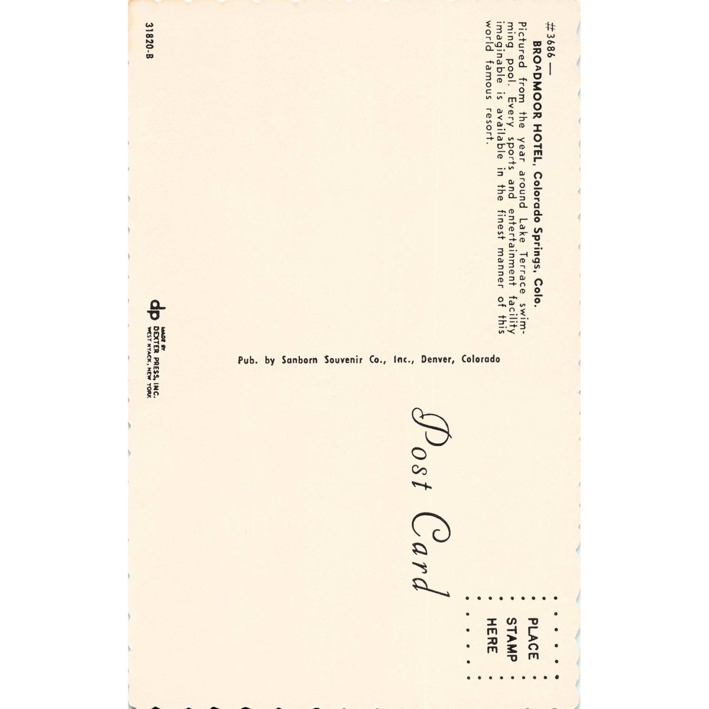 Broadmoor Hotel Colorado Springs CO Chrome Postcard Dexter Press Pool c1950s - Picture 2 of 2
